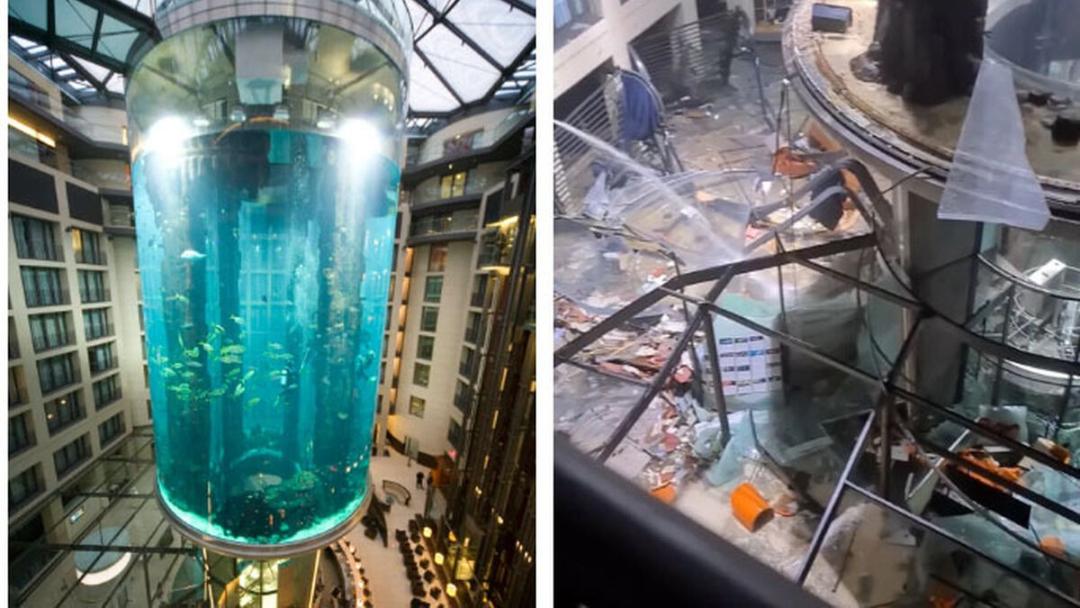 Estalló en Berlín el mayor acuario cilíndrico del mundo